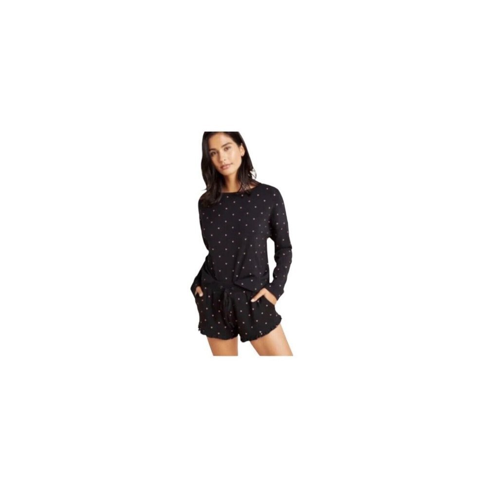 Plush‎ Apparel Women’s Lounge Pajamas Black Fleece Lined Pink Heart Printed Sz M